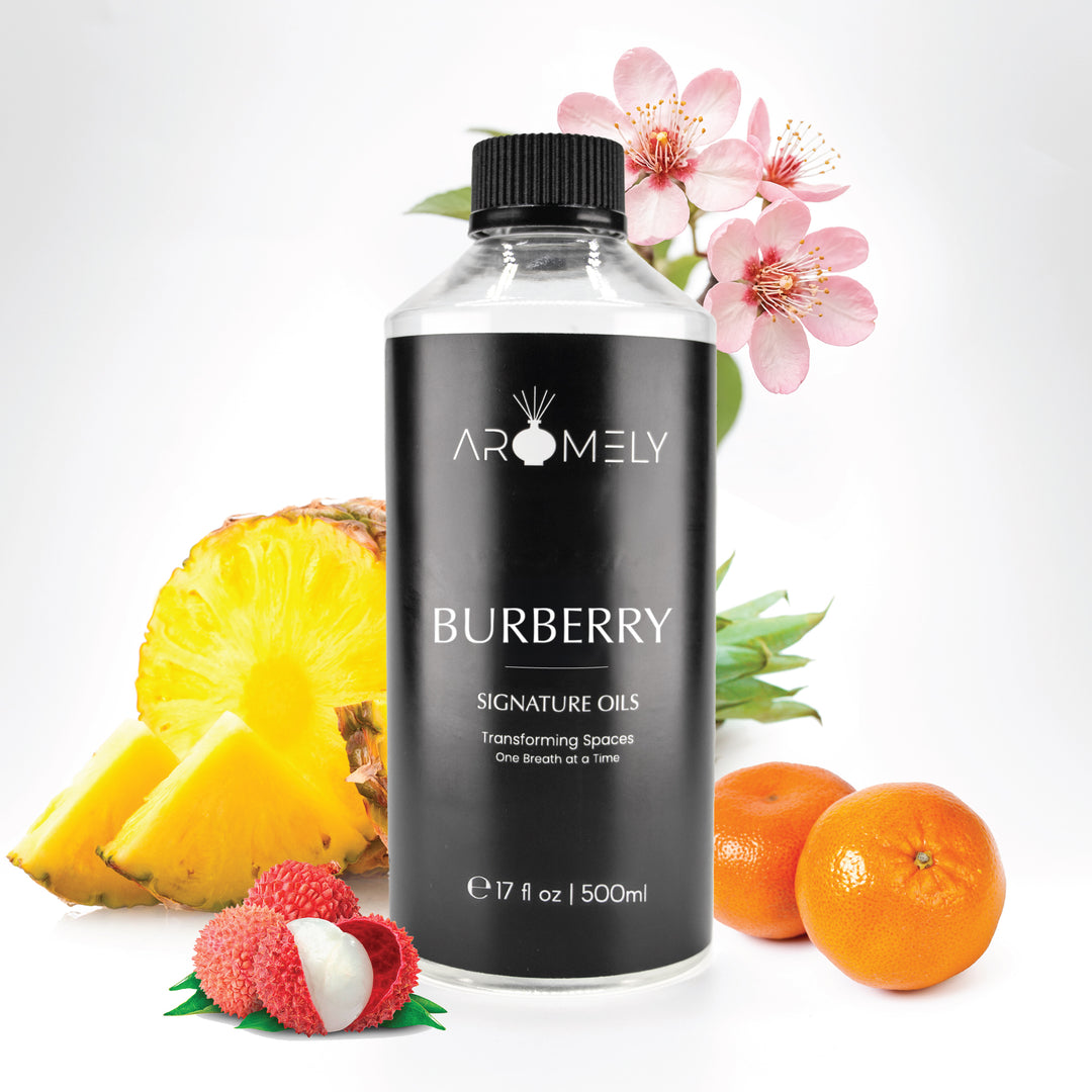 Aromely Burberry diffuser oil, 500ml bottle, with juicy pineapple, lychee, orange, and cherry blossoms. A vibrant, tropical, and fruity fragrance that immerses your home in the lush ambiance of an island getaway.