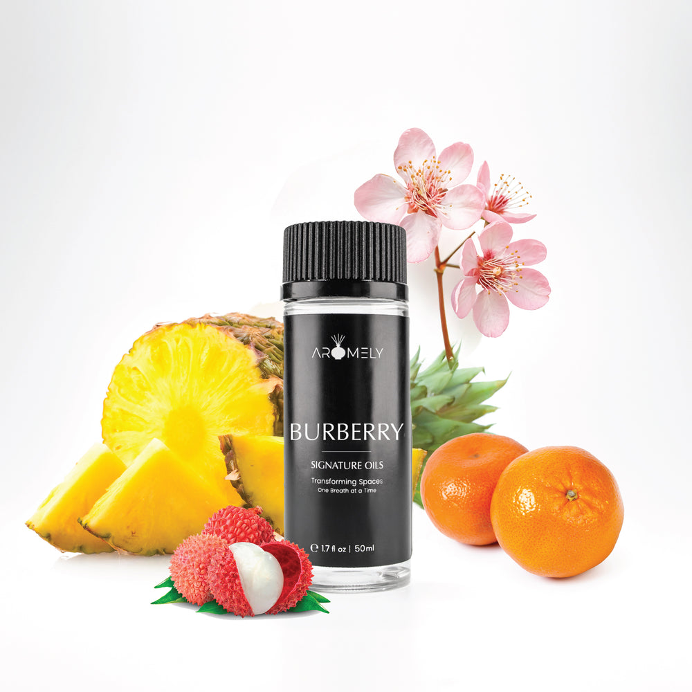 Aromely Burberry diffuser oil, 50ml, with juicy pineapple, lychee, orange, and cherry blossoms. A vibrant, tropical, and fruity fragrance for a refreshing home scent.