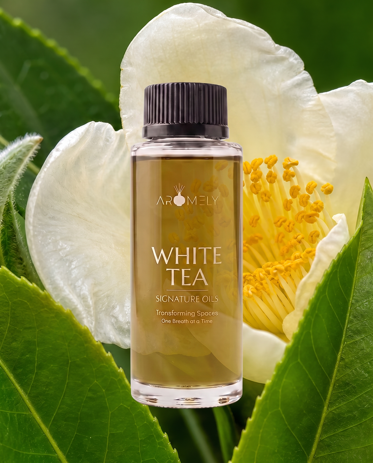 A clear bottle of Aromely White Tea Signature Oils with a black cap, set against a background of white tea flowers and green leaves.