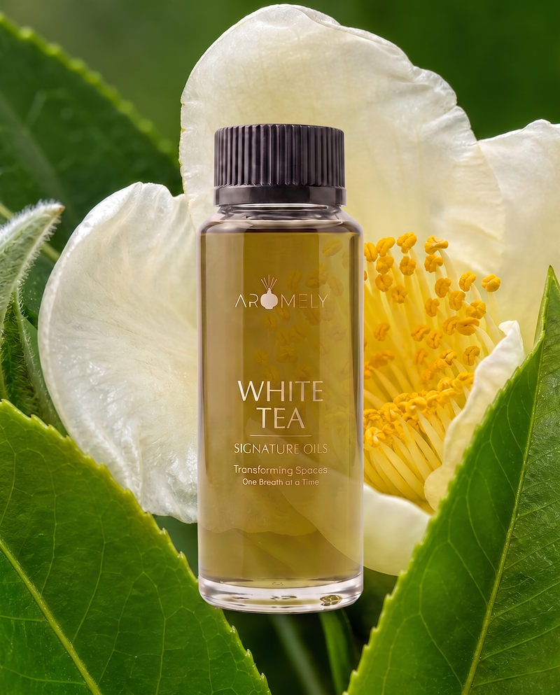 A clear bottle of Aromely White Tea Signature Oils with a black cap, set against a background of a white flower and green tea leaves.