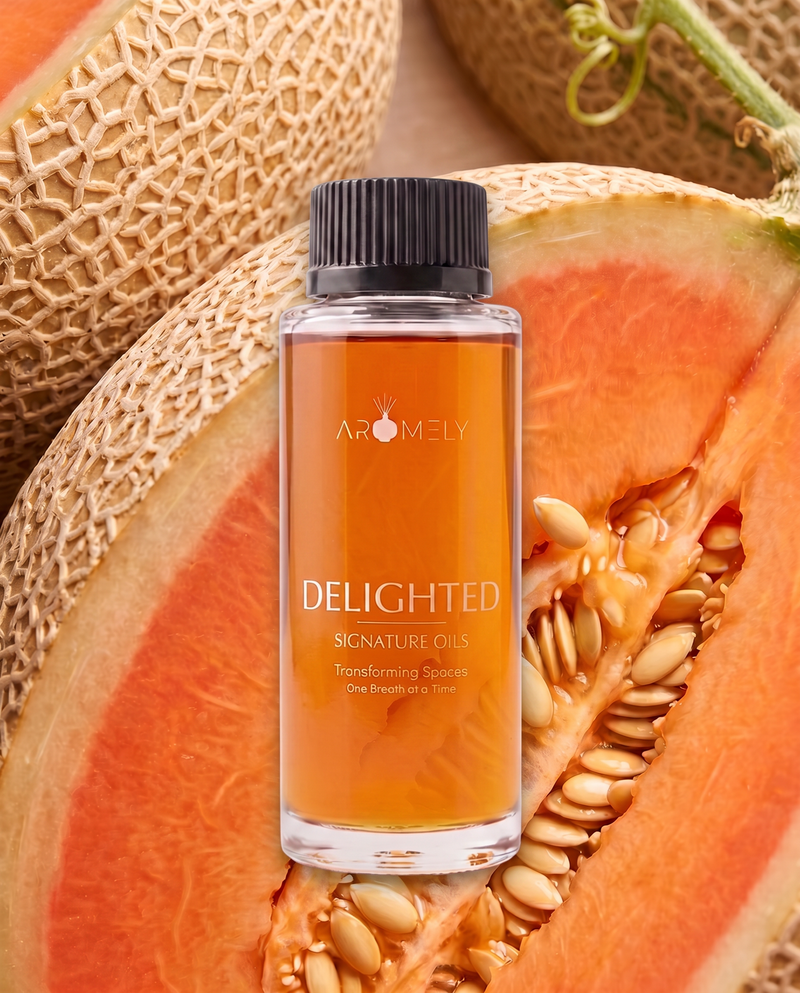 Aromely Delighted fragrance oil bottle, 150 ml, against melon