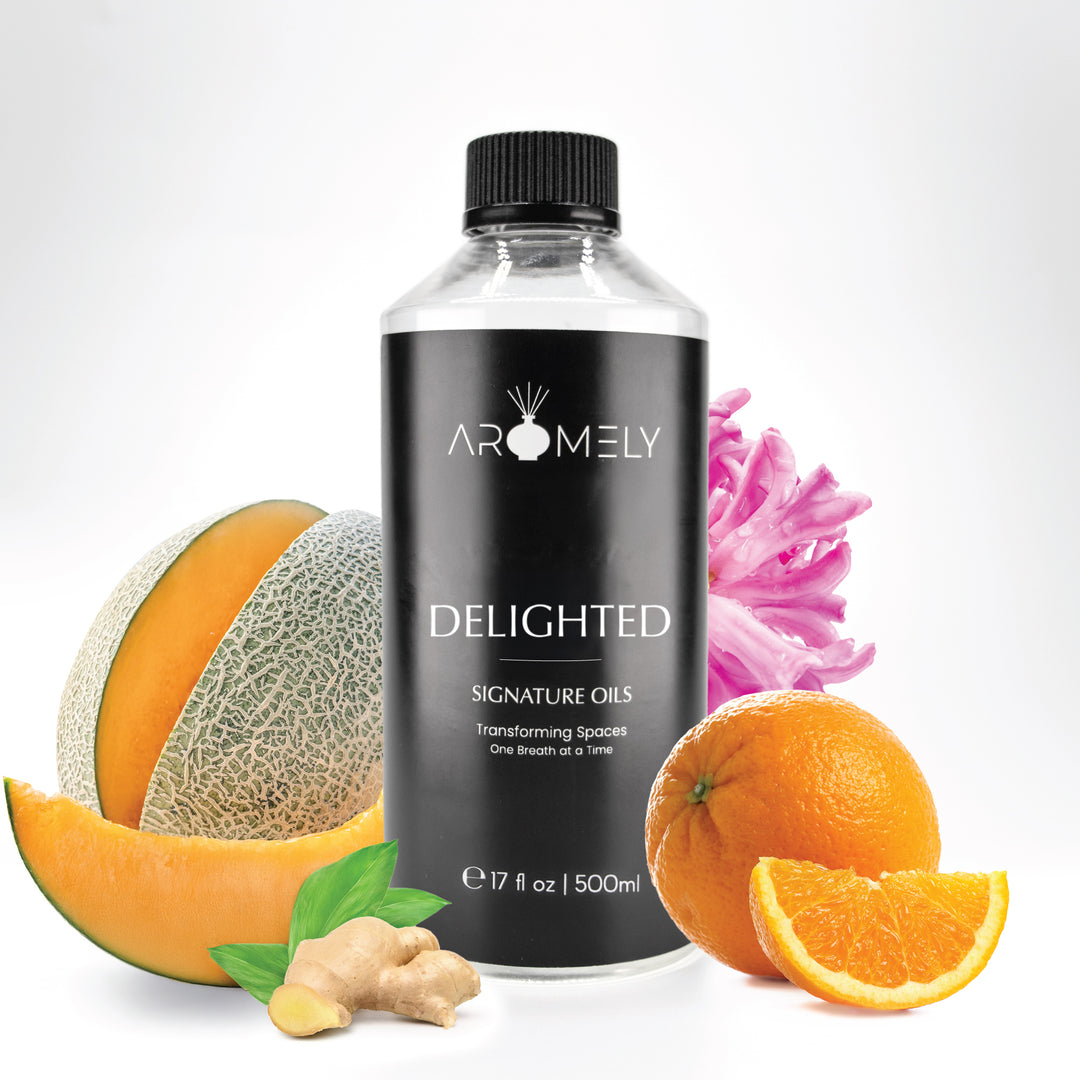 Delighted 500ml Aromely diffuser oil featuring juicy cantaloupe, spicy ginger root, fresh orange, and vibrant pink florals. A bright and energizing scent for home, spa, or office aromatherapy.