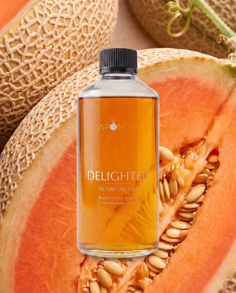 Aromely Delighted fragrance oil bottle, 500 ml, against melon