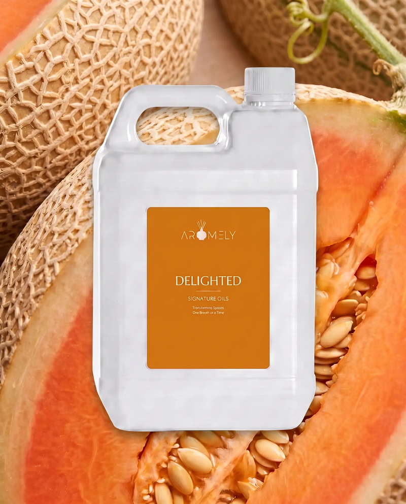 Aromely Delighted fragrance oil bottle, 1 Gallon, against melon