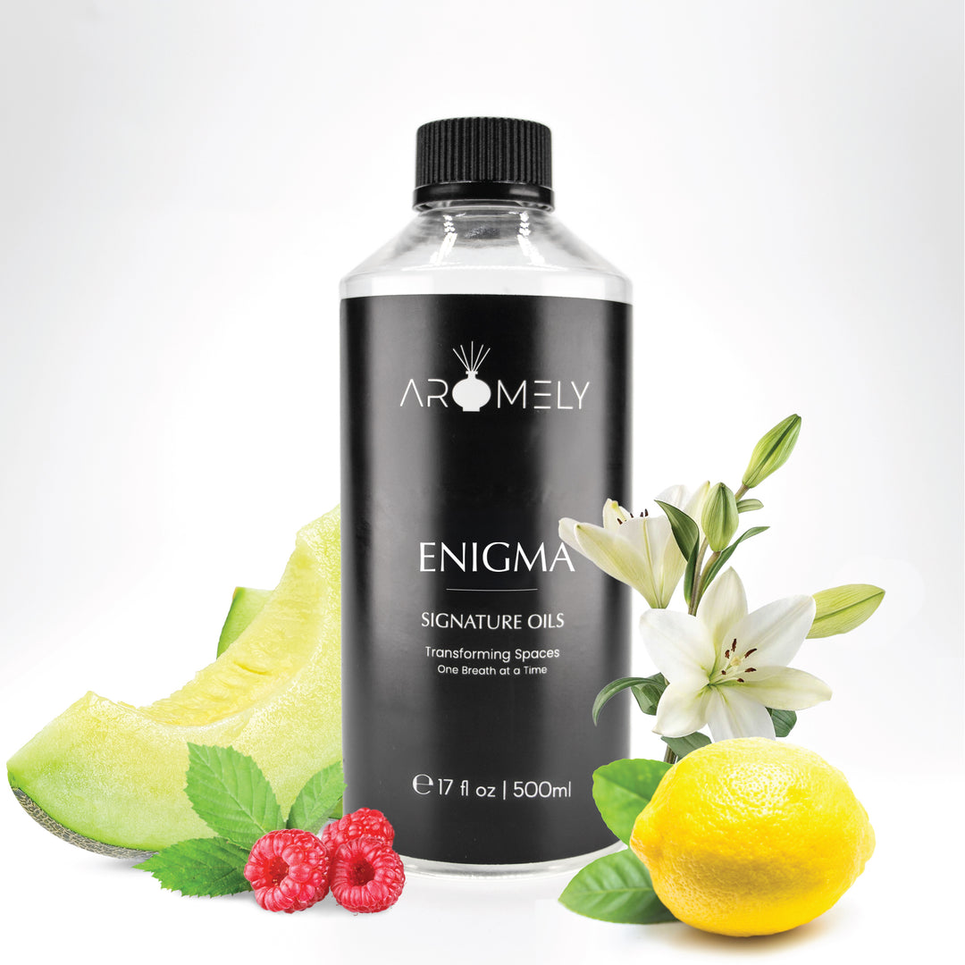 Aromely Enigma diffuser oil, 500ml, featuring honeydew melon, raspberries, lemon, and white lilies. A fruity, citrusy, and floral blend for a mysterious, fresh scent.