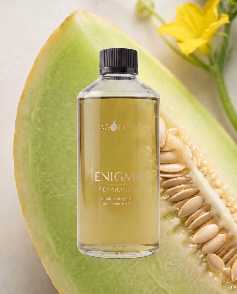Aromely Enigma fragrance oil bottle, 500 ml, against green melon