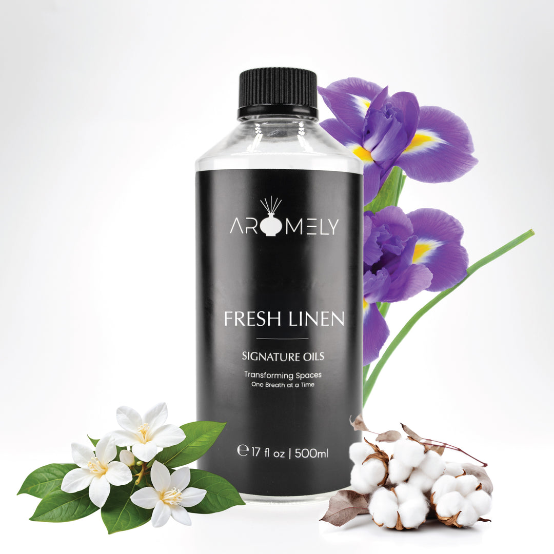 Aromely Fresh Linen diffuser oil, 500ml bottle, infused with white jasmine, cotton blossoms, and purple iris. A clean, crisp, and airy fragrance reminiscent of freshly washed linens—just like stepping into a pristine, high-end suite.