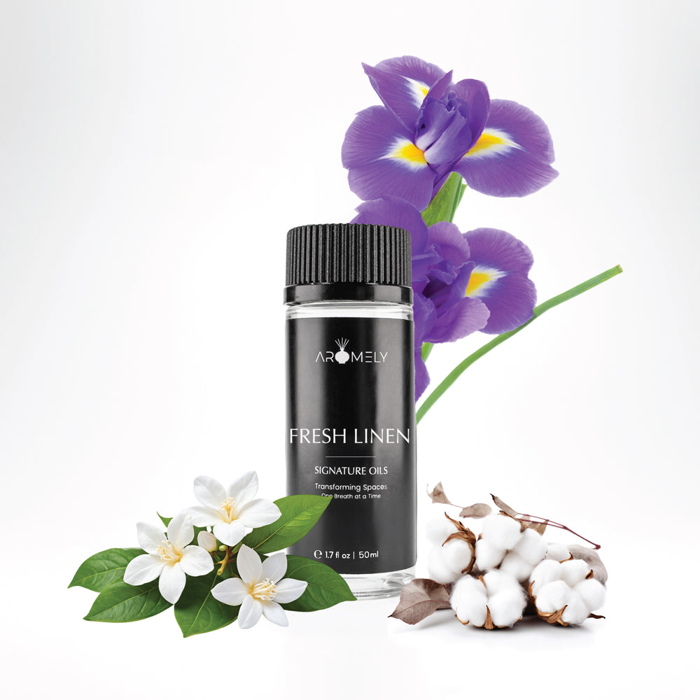 Aromely Fresh Linen diffuser oil, 50ml, infused with white jasmine, cotton blossoms, and purple iris. A clean, crisp, and airy fragrance reminiscent of freshly washed linens.