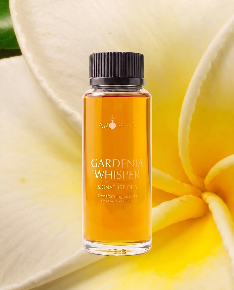 Aromely Gardenia Whisper fragrance oil bottle, 120 ml, against white and yellow petals