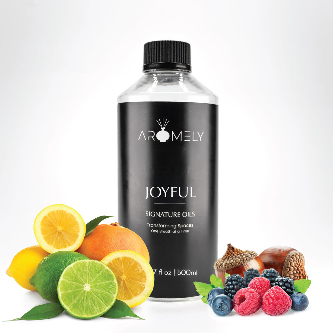 Aromely Joyful diffuser oil, 500ml bottle, featuring lemon, lime, orange, berries, and hazelnuts. This bright, citrusy, and fruity aroma energizes your home, making it feel as vibrant and welcoming as a luxury hotel lobby.