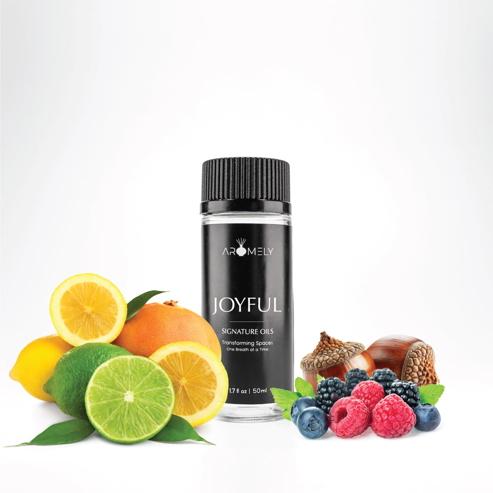 Aromely Joyful diffuser oil, 50ml, featuring lemon, lime, orange, berries, and hazelnuts. A bright, citrusy, and fruity aroma designed to energize and uplift any space.