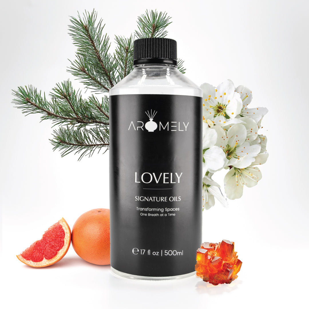 Aromely Lovely diffuser oil, 500ml bottle, blended with grapefruit, pine, white blossoms, and amber crystals. A fresh, floral, and slightly woody aroma that fills your space with the charm and serenity of a world-class resort.