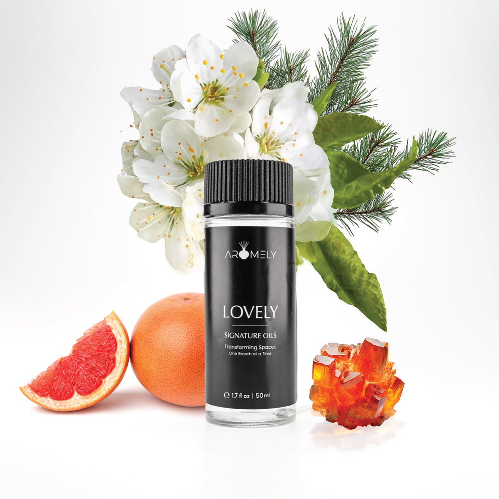 Aromely Lovely diffuser oil, 50ml, blended with grapefruit, pine, white blossoms, and amber crystals. A fresh, floral, and slightly woody fragrance for a charming ambiance.