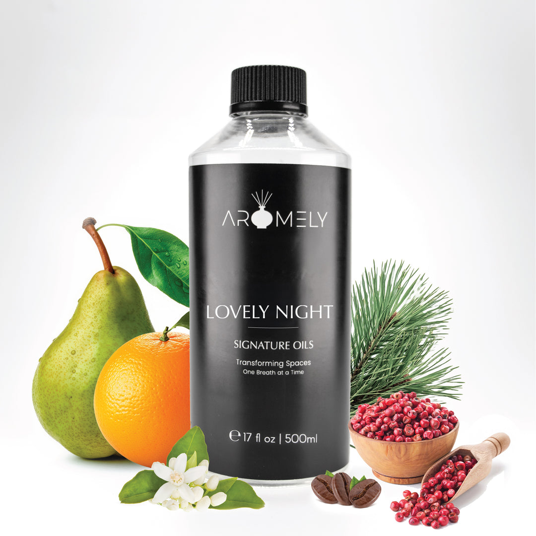 Aromely Lovely Night diffuser oil, 500ml bottle, with notes of pear, orange, pink pepper, pine, and coffee. A warm, spicy, and slightly fruity fragrance perfect for cozy evenings—evoking the comforting elegance of a high-end retreat.