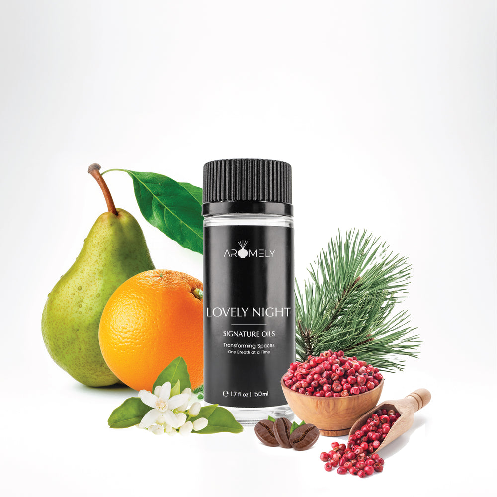 Aromely Lovely Night diffuser oil, 50ml, with notes of pear, orange, pink pepper, pine, and coffee. A warm, spicy, and slightly fruity scent perfect for cozy evenings.