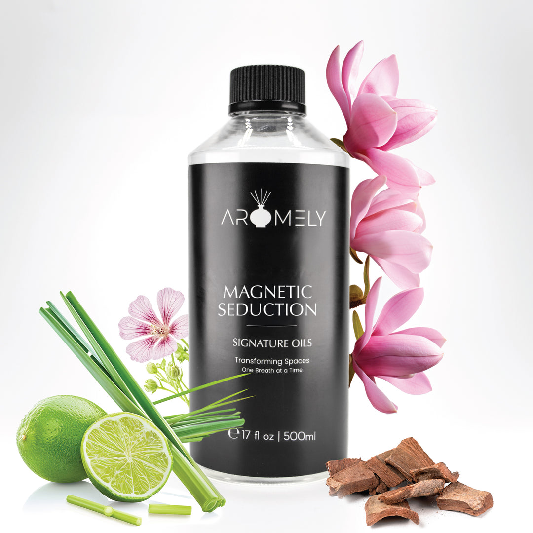 Aromely Magnetic Seduction diffuser oil, 500ml bottle, infused with lime, lemongrass, pink magnolia, and sandalwood. This citrusy, floral, and musky fragrance creates a sensual, inviting atmosphere—transforming your home into a luxurious hotel resort.