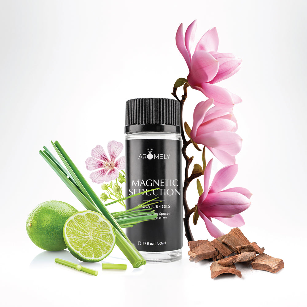 Aromely Magnetic Seduction diffuser oil, 50ml, with lime, lemongrass, pink magnolia, and sandalwood. A citrusy, floral, and musky fragrance for a sensual, inviting atmosphere.