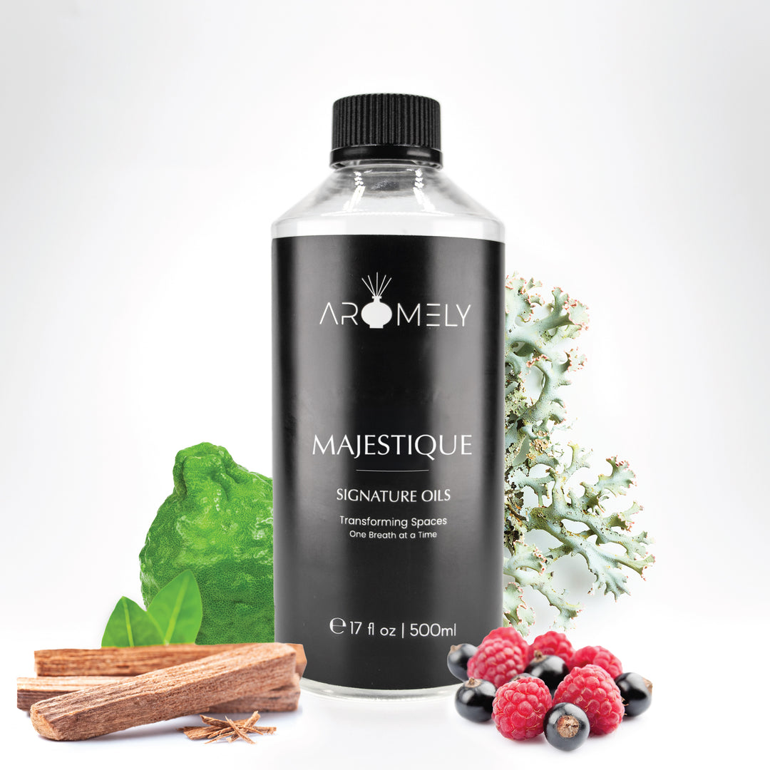 Aromely Majestique diffuser oil, 500ml bottle, featuring bergamot, sandalwood, oakmoss, and mixed berries. A rich, earthy, and slightly fruity scent that exudes sophistication, making your space feel as refined as a five-star resort.