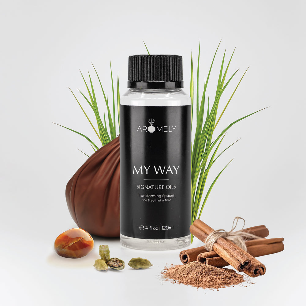 My Way 120ml Aromely diffuser oil featuring a warm, spicy blend of cinnamon, cardamom, patchouli, and fresh green notes. A bold, confident, and luxurious home fragrance for a refined ambiance.