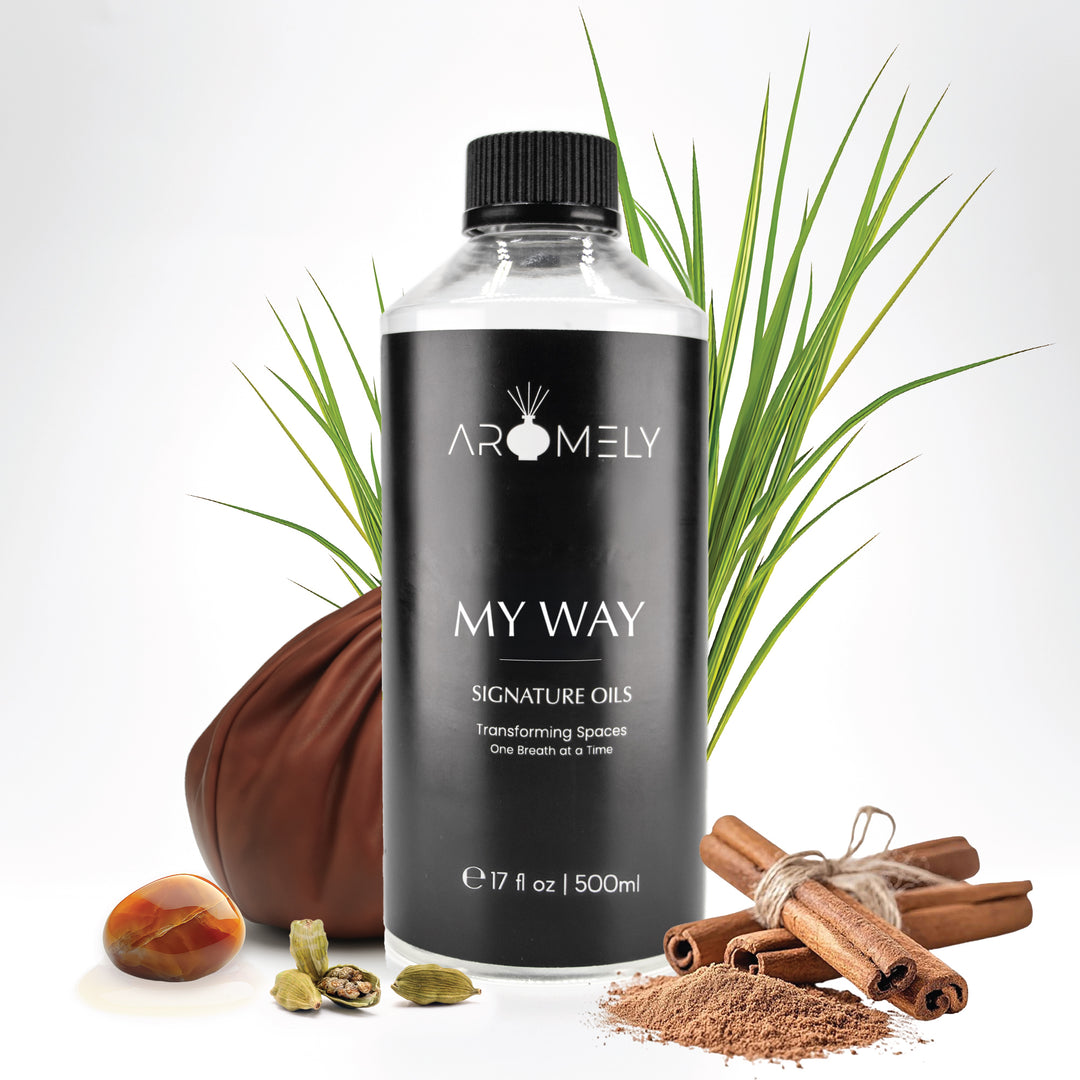 Aromely My Way diffuser oil, 500ml bottle, showcasing warm cardamom, cinnamon, and exotic vetiver grass. A rich, spicy, and earthy aroma that radiates confidence and elegance—turning your space into a five-star experience.