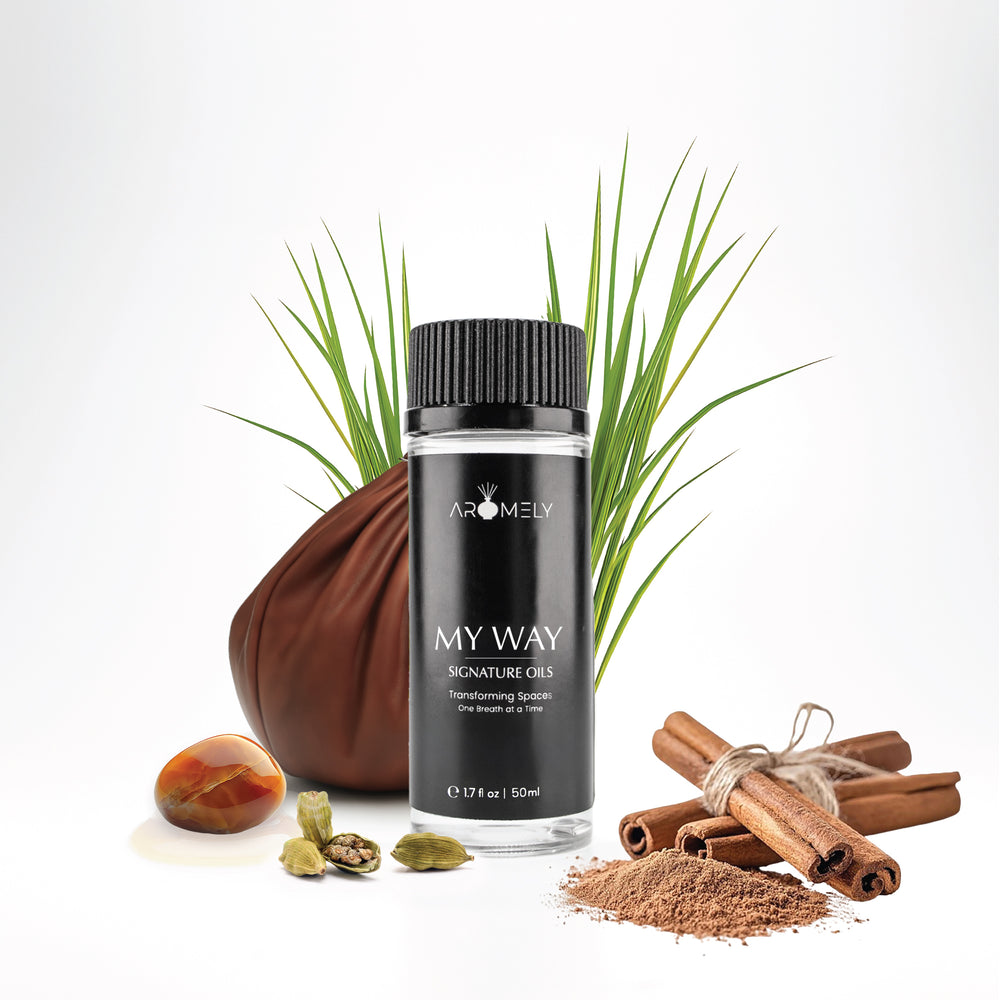 Aromely My Way diffuser oil, 50ml, showcasing warm cardamom, cinnamon, and exotic vetiver grass. A rich, spicy, and earthy aroma for confidence and elegance.