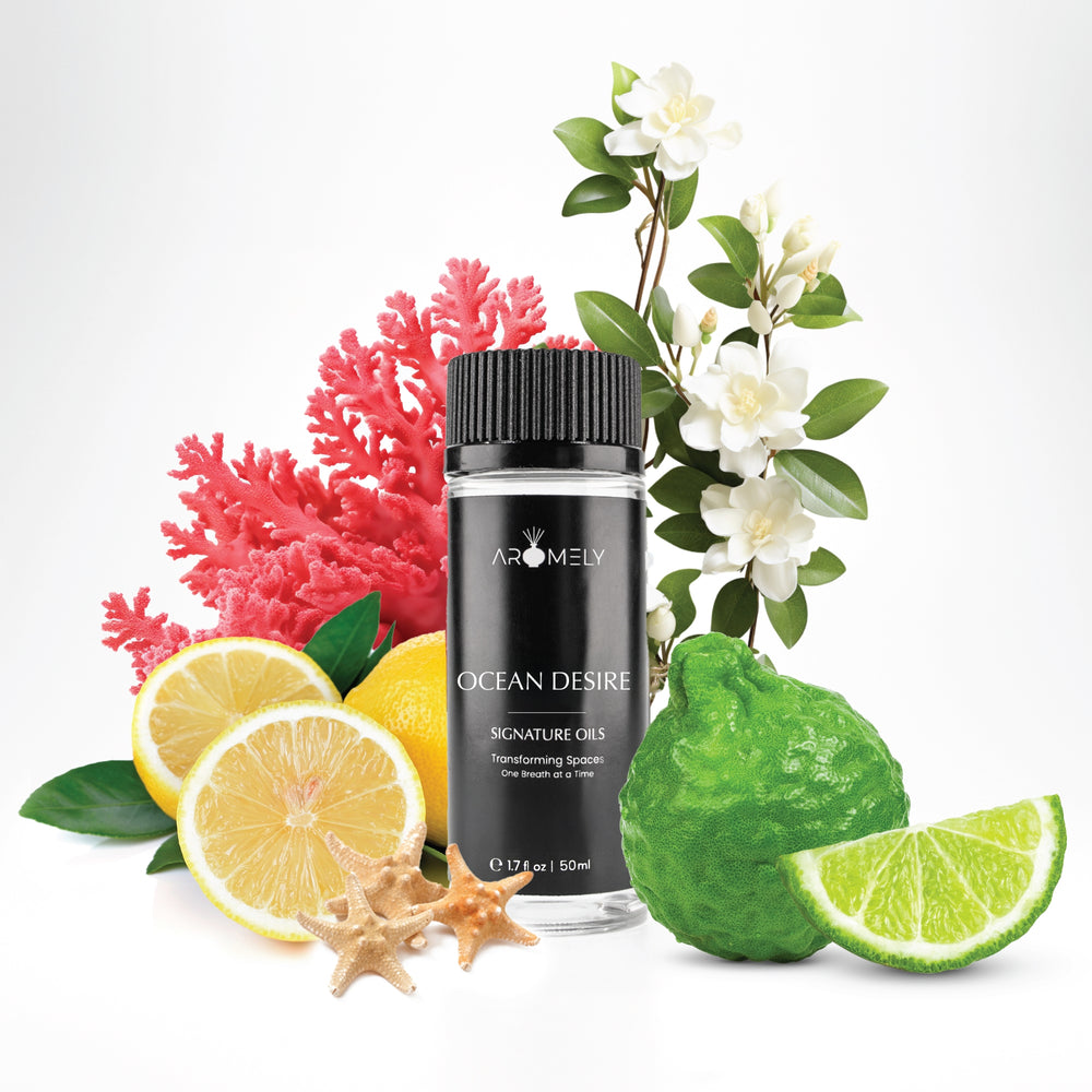 Ocean Breeze 50ml Aromely diffuser oil with a refreshing marine-inspired blend of sea salt, citrus lemon, bergamot, white florals, and coral notes. A fresh, clean, and uplifting scent perfect for home relaxation.