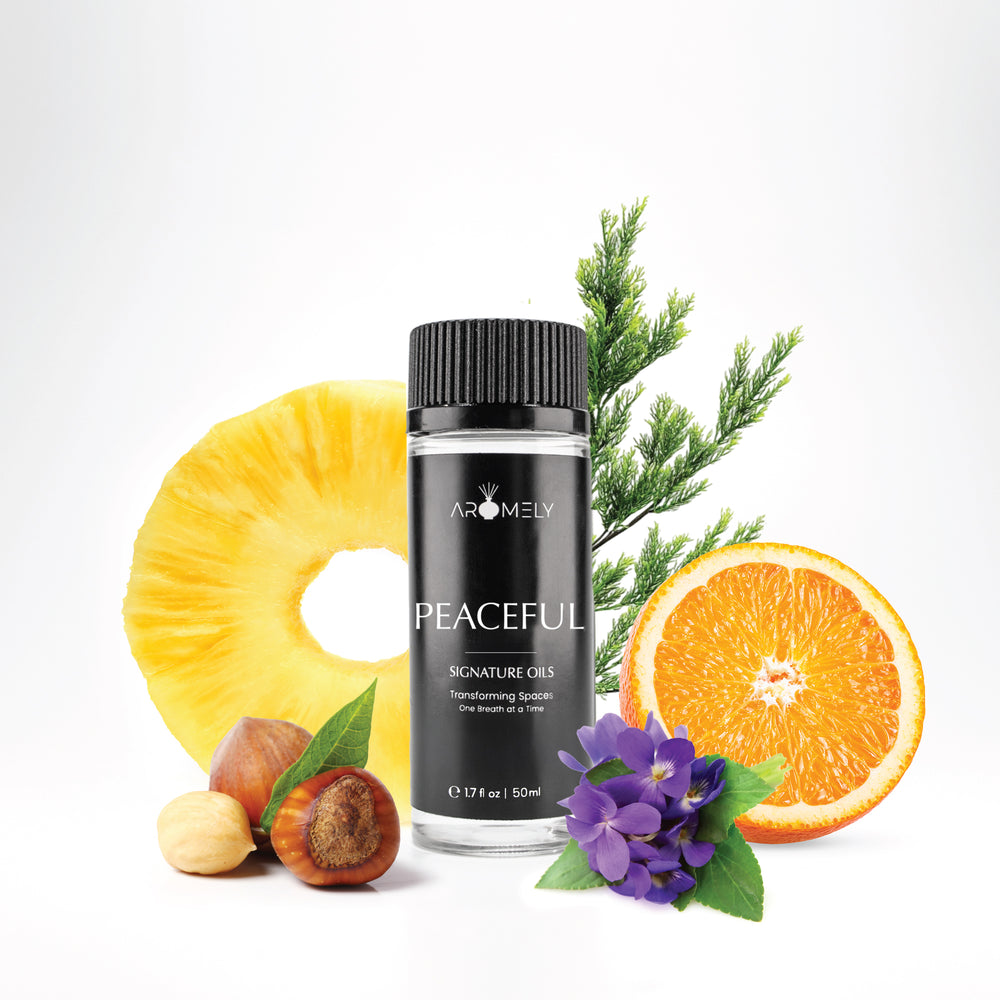 Aromely Peaceful diffuser oil, 50ml, featuring tropical pineapple, orange, violet flowers, and hazelnuts. A fruity, floral, and nutty scent for a comforting and inviting atmosphere.