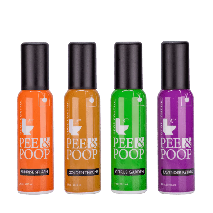 Aromely Pee & Poop toilet spray 2oz bottles in Sunrise Splash, Golden Throne, Citrus Garden, Lavender
