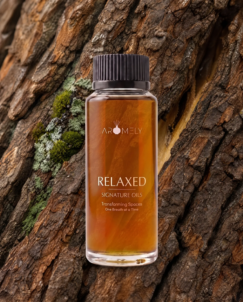 Aromely Relaxed fragrance oil bottle, 120 ml, against tree bark