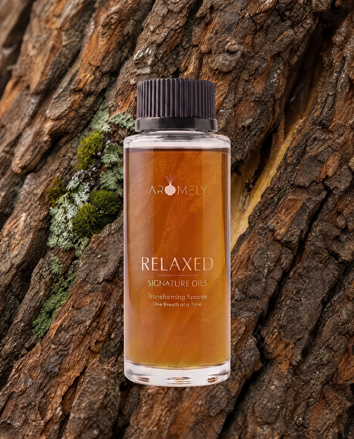 Aromely Relaxed fragrance oil bottle, 150 ml, against tree bark