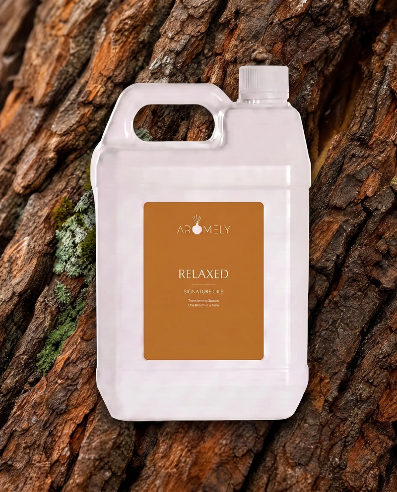 Aromely Relaxed fragrance oil bottle, 1 Gallon, against tree bark
