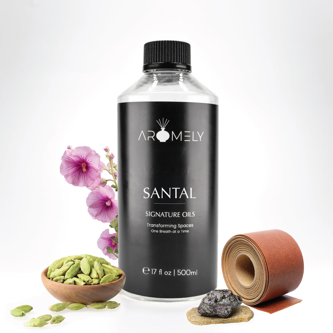 Aromely Santal diffuser oil, 500ml bottle, featuring cardamom, leather, resin, and delicate pink florals. A warm, woody, and earthy scent ideal for relaxation and luxury spaces—enveloping your home in the opulence of an exclusive resort.
