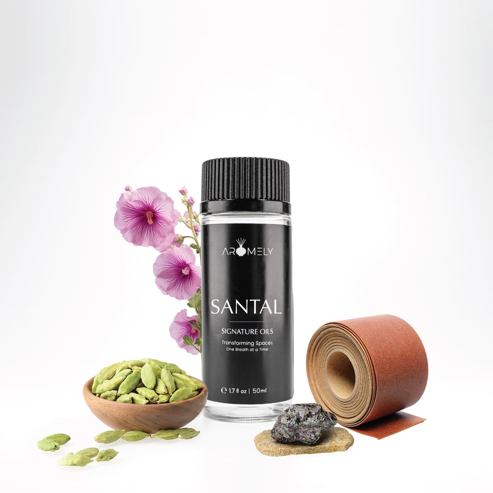 Aromely Santal diffuser oil, 50ml, featuring cardamom, leather, resin, and delicate pink florals. A warm, woody, and earthy scent ideal for relaxation and luxury spaces.