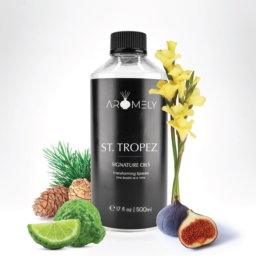 Aromely St. Tropez diffuser oil, 500ml bottle, with figs, yellow florals, pine cones, and citrus fruits. A sophisticated, exotic fragrance inspired by the French Riviera, turning your space into a Mediterranean paradise.