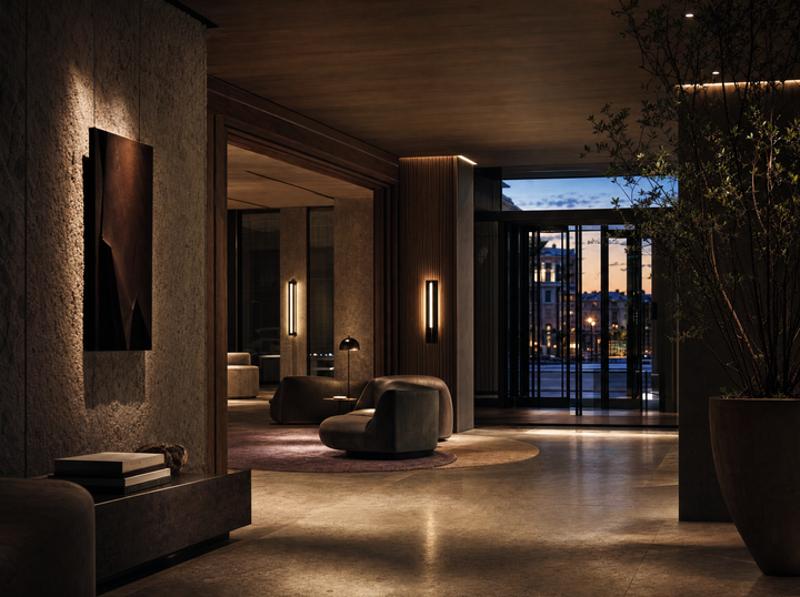 Inviting entrance lounge with warm lighting